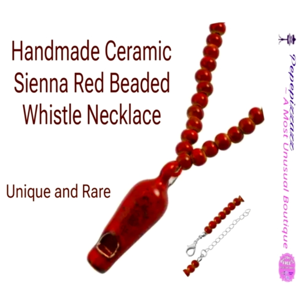 Ceramic Beaded Whistle Pendant Necklace 22-24 Inches  handmade SIENNA Red Color